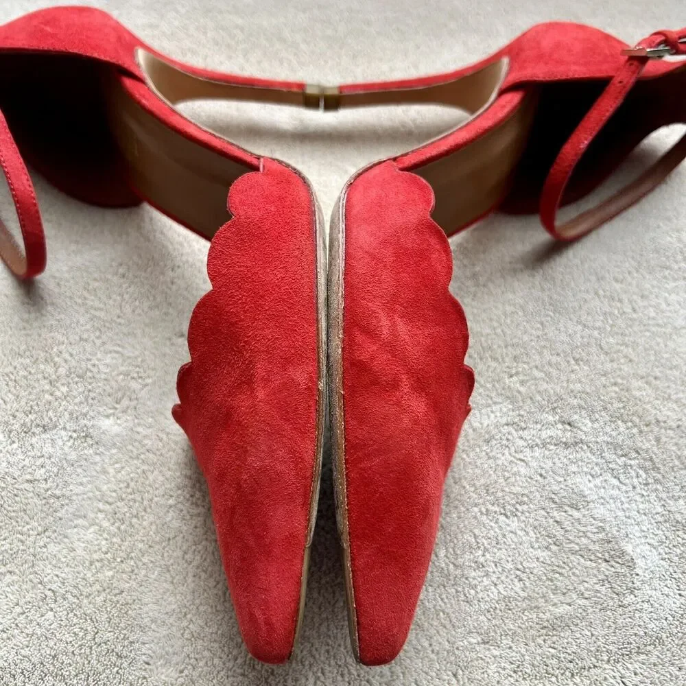Minelli Spain Red Suede Scalloped Edge Pump Heel Ankle Strap Women EU 38 US‎ 7.5